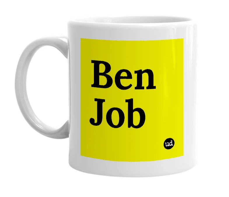 White mug with 'Ben Job' in bold black letters