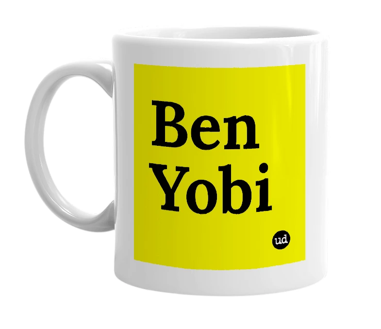 White mug with 'Ben Yobi' in bold black letters