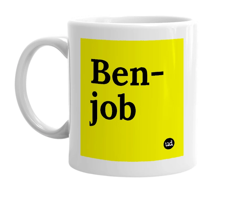 White mug with 'Ben-job' in bold black letters