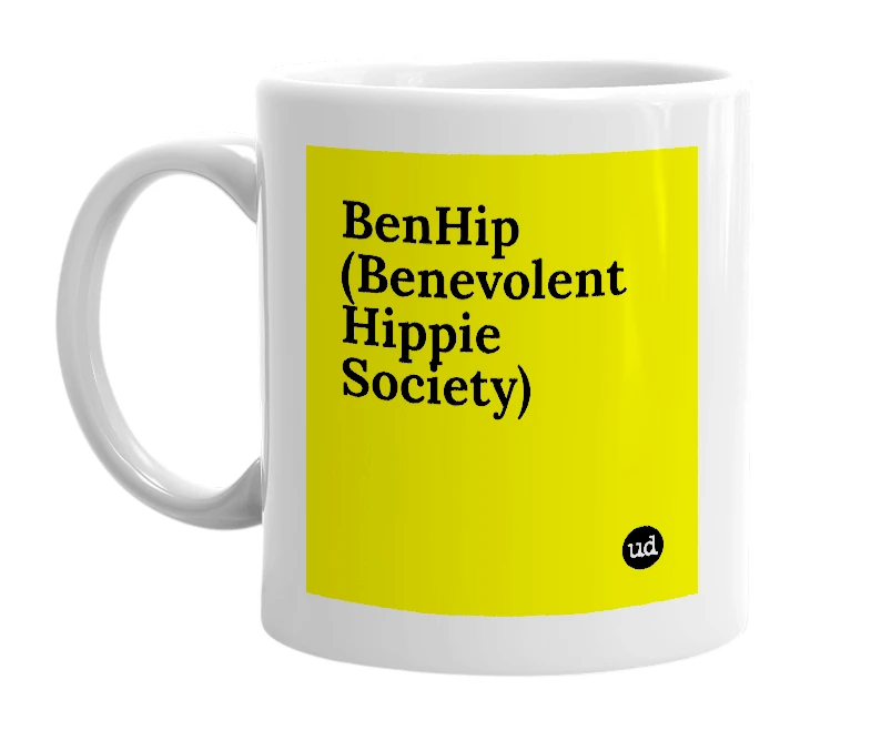 White mug with 'BenHip (Benevolent Hippie Society)' in bold black letters