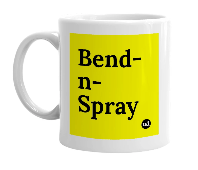 White mug with 'Bend-n-Spray' in bold black letters