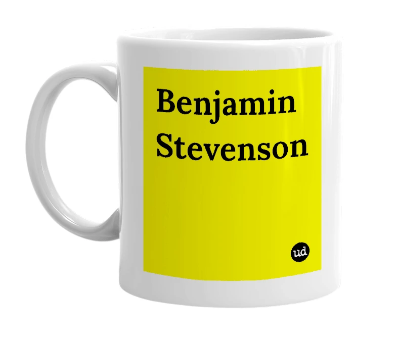 White mug with 'Benjamin Stevenson' in bold black letters