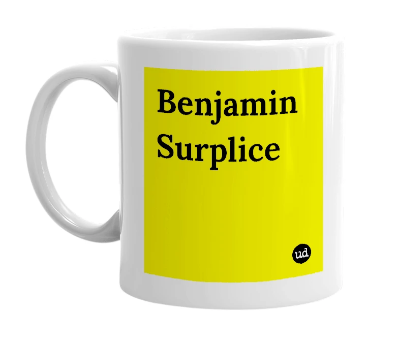 White mug with 'Benjamin Surplice' in bold black letters