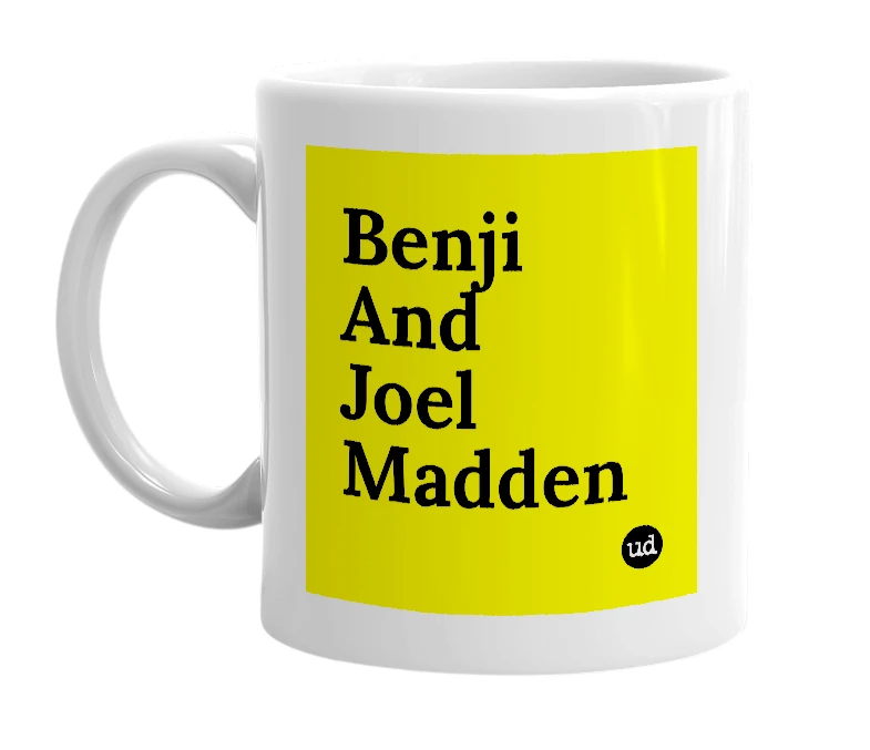 White mug with 'Benji And Joel Madden' in bold black letters