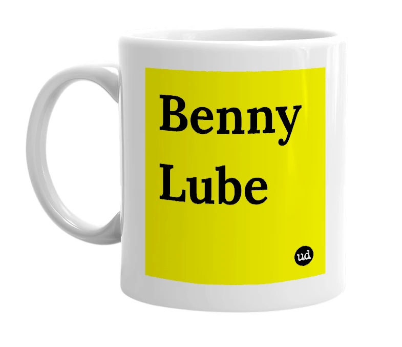 White mug with 'Benny Lube' in bold black letters