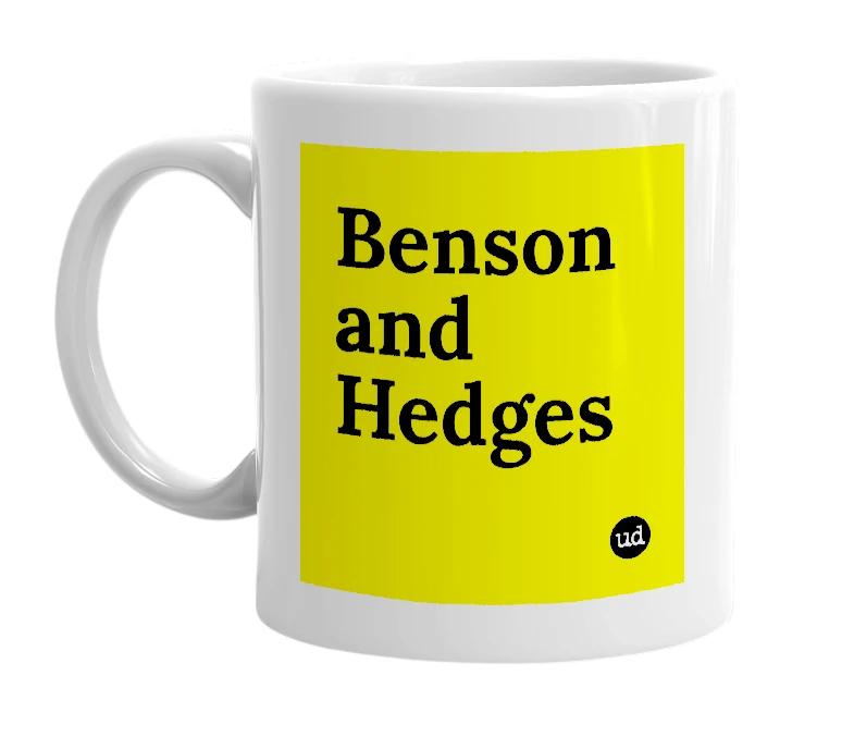 White mug with 'Benson and Hedges' in bold black letters