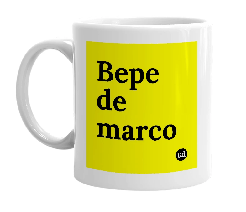 White mug with 'Bepe de marco' in bold black letters