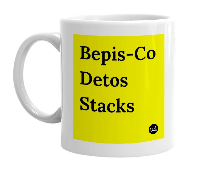 White mug with 'Bepis-Co Detos Stacks' in bold black letters