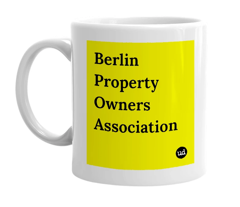 White mug with 'Berlin Property Owners Association' in bold black letters