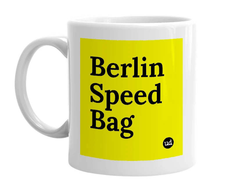 White mug with 'Berlin Speed Bag' in bold black letters