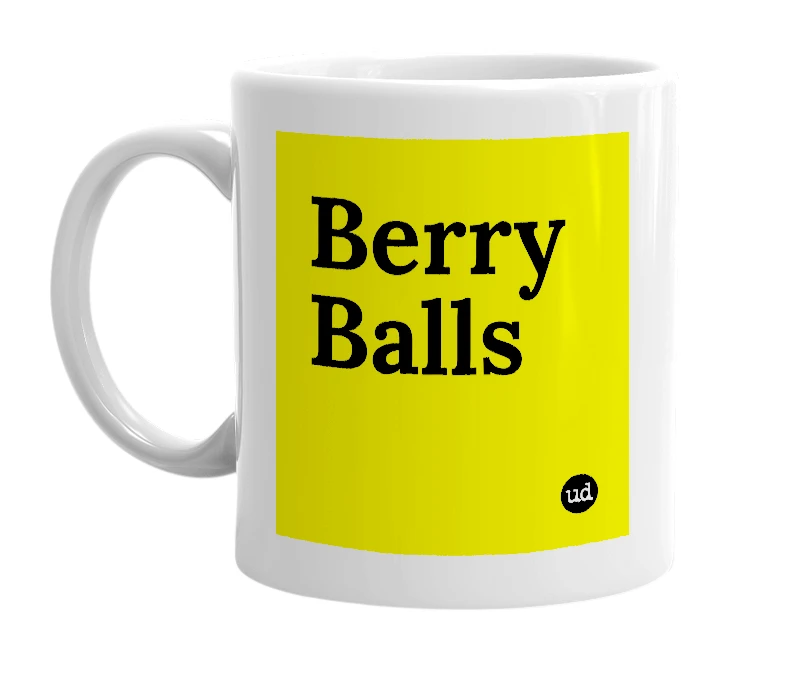 White mug with 'Berry Balls' in bold black letters