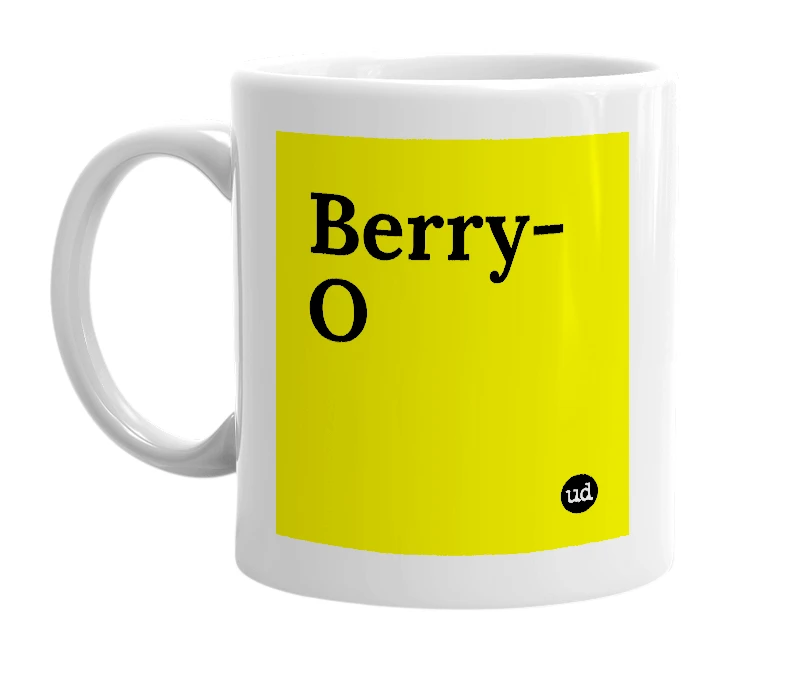 White mug with 'Berry-O' in bold black letters