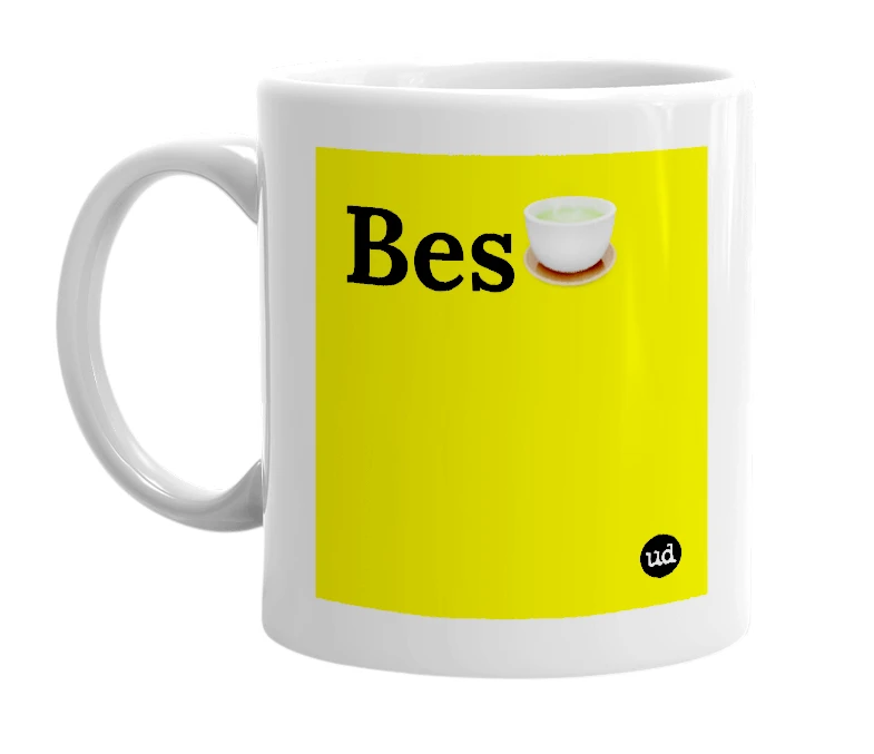 White mug with 'Bes🍵' in bold black letters