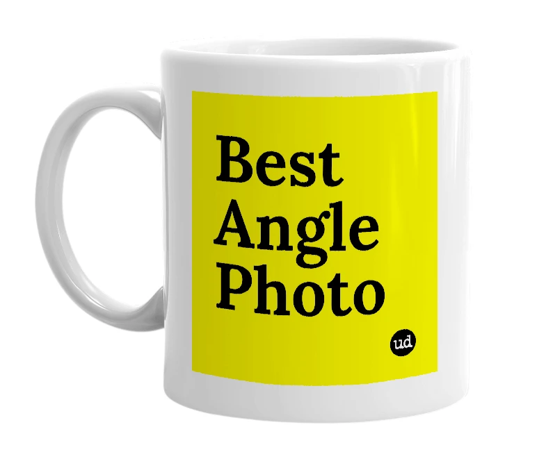 White mug with 'Best Angle Photo' in bold black letters