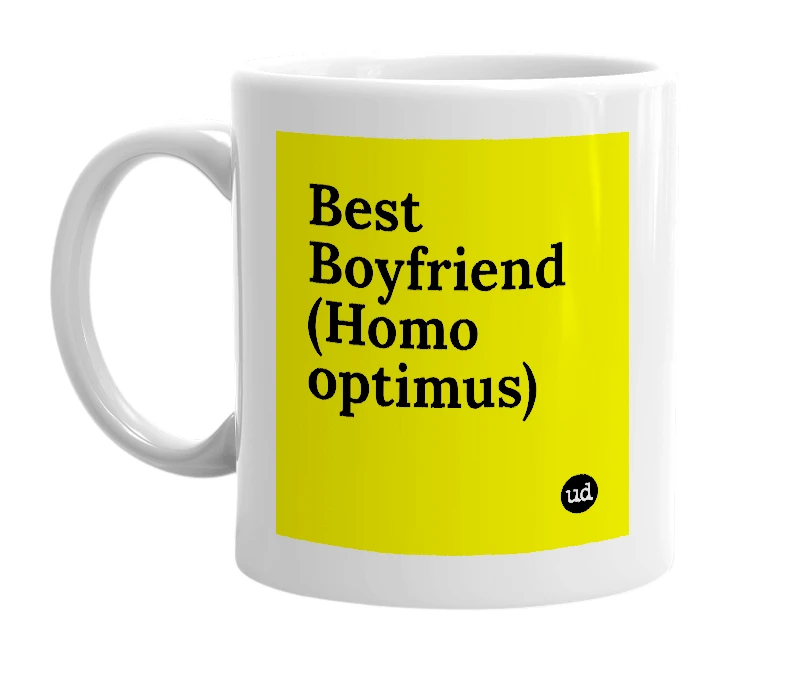 White mug with 'Best Boyfriend (Homo optimus)' in bold black letters