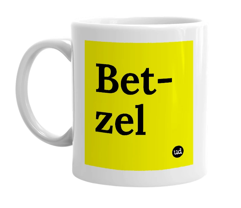 White mug with 'Bet-zel' in bold black letters