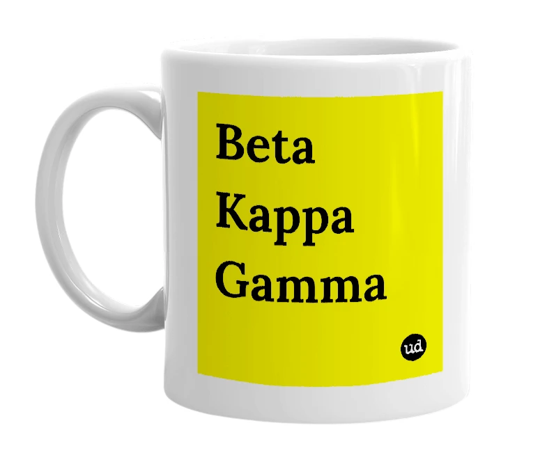 White mug with 'Beta Kappa Gamma' in bold black letters