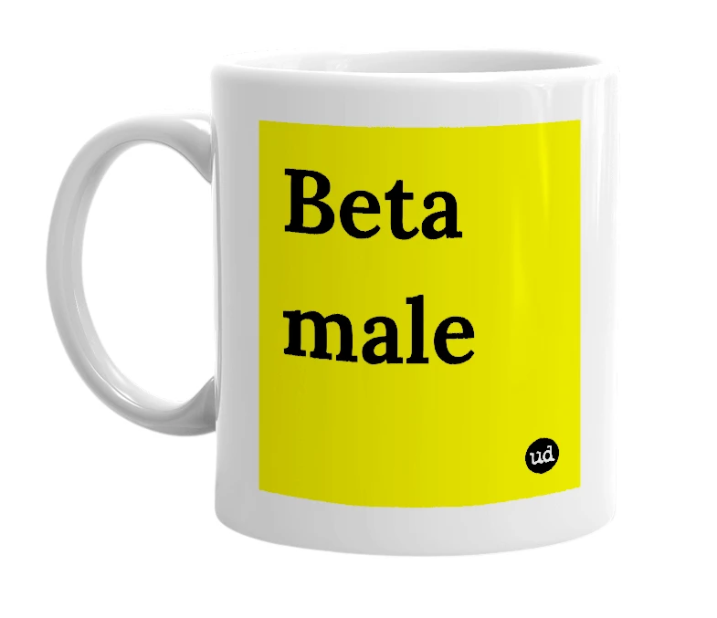 White mug with 'Beta male' in bold black letters