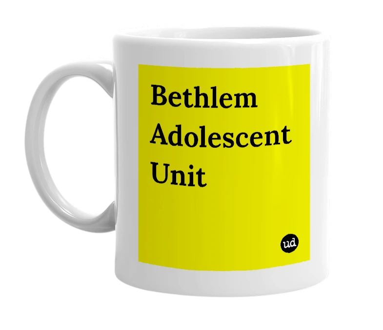 White mug with 'Bethlem Adolescent Unit' in bold black letters
