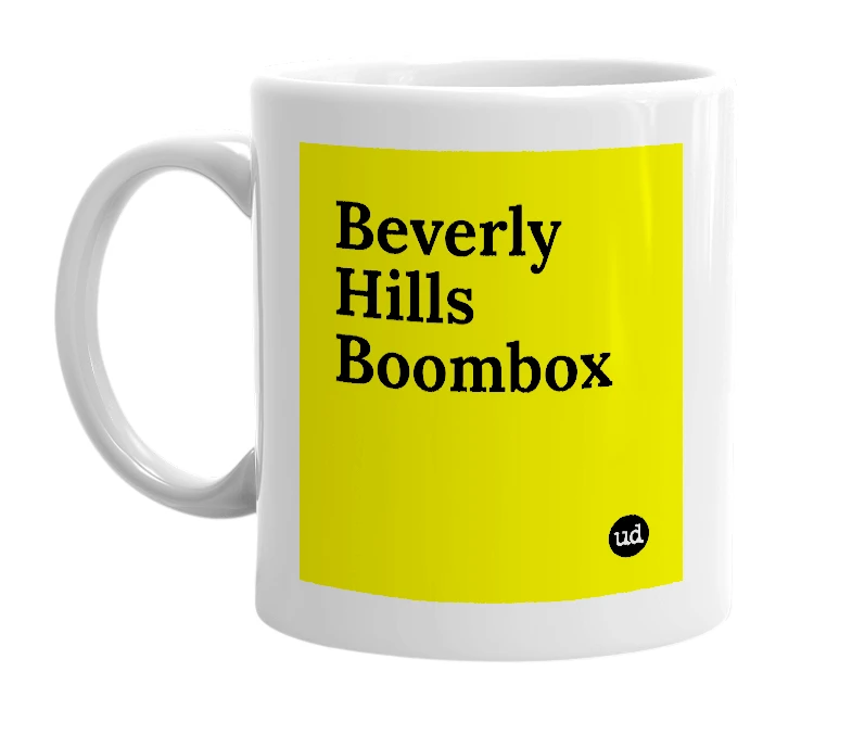 White mug with 'Beverly Hills Boombox' in bold black letters