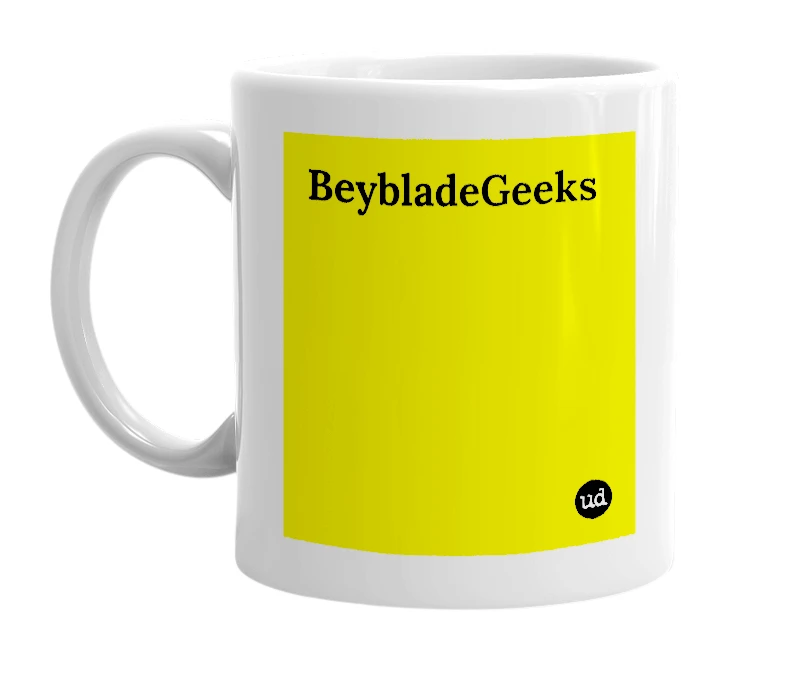 White mug with 'BeybladeGeeks' in bold black letters