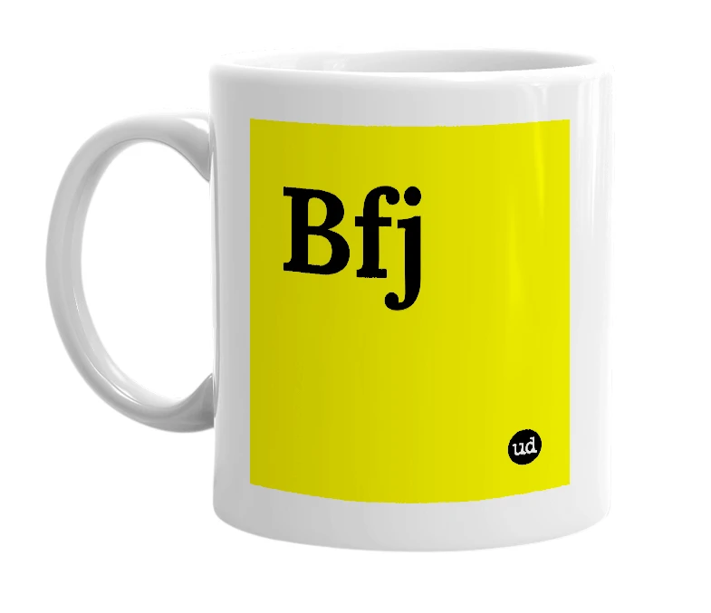 White mug with 'Bfj' in bold black letters