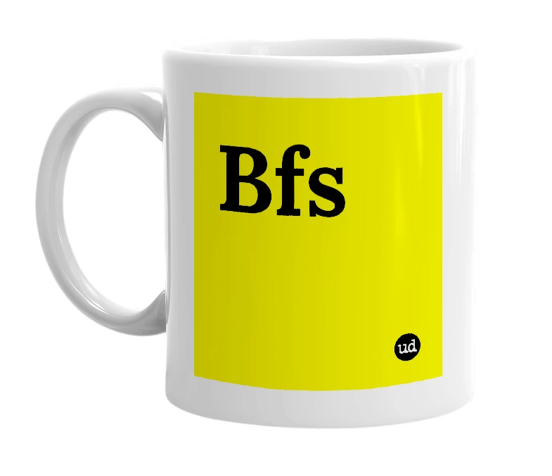 White mug with 'Bfs' in bold black letters