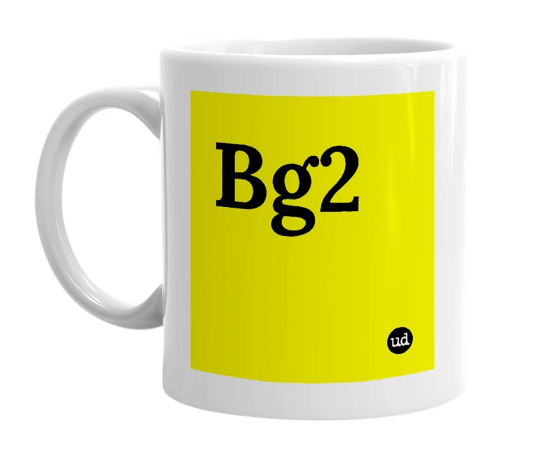 White mug with 'Bg2' in bold black letters