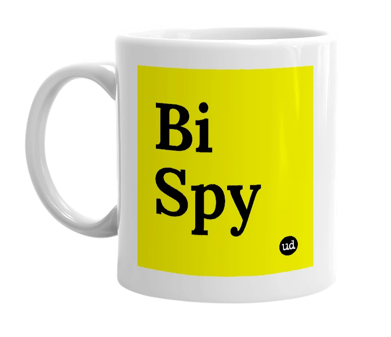 White mug with 'Bi Spy' in bold black letters