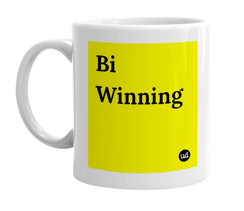 White mug with 'Bi Winning' in bold black letters
