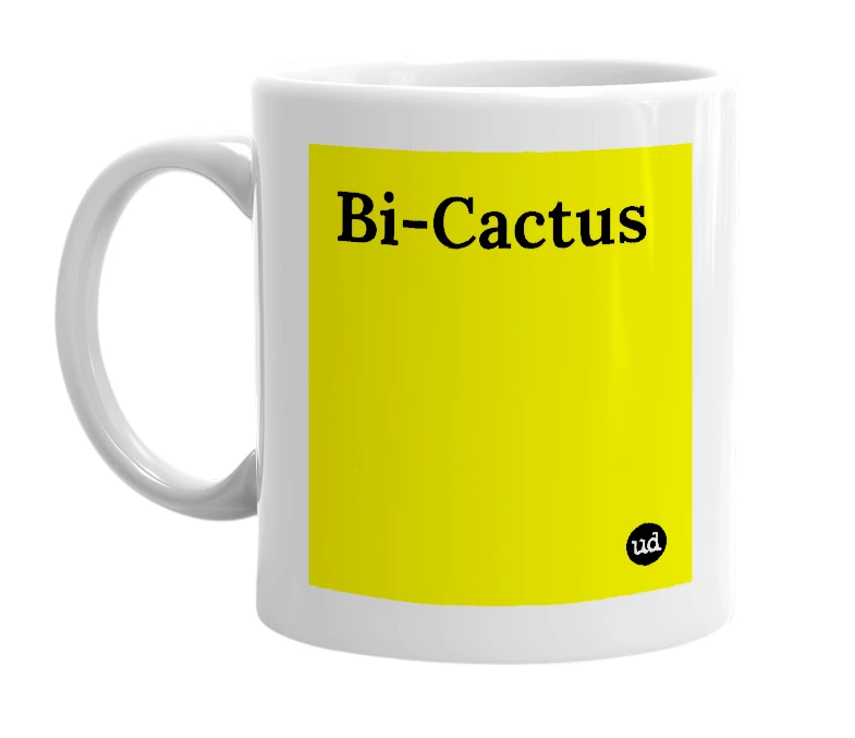 White mug with 'Bi-Cactus' in bold black letters
