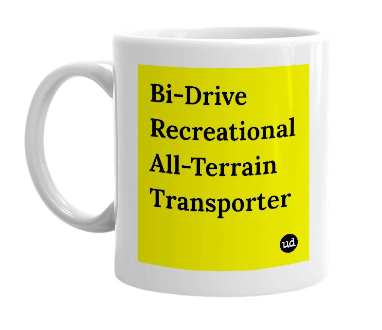 White mug with 'Bi-Drive Recreational All-Terrain Transporter' in bold black letters