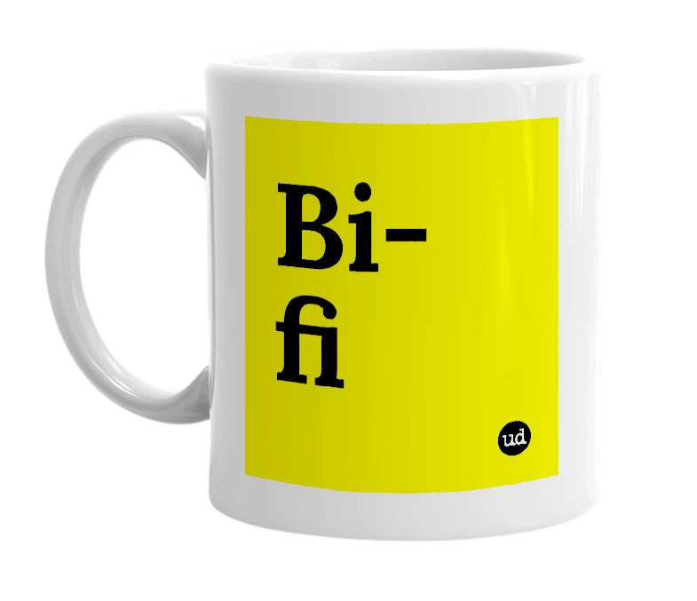 White mug with 'Bi-fi' in bold black letters