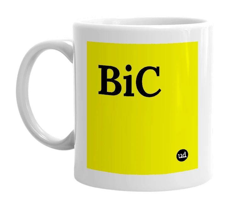 White mug with 'BiC' in bold black letters