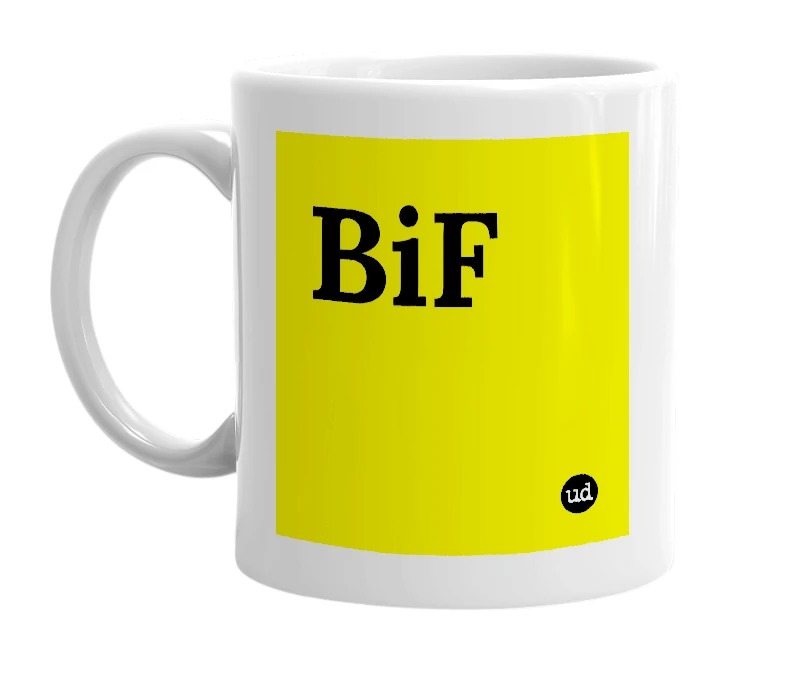 White mug with 'BiF' in bold black letters