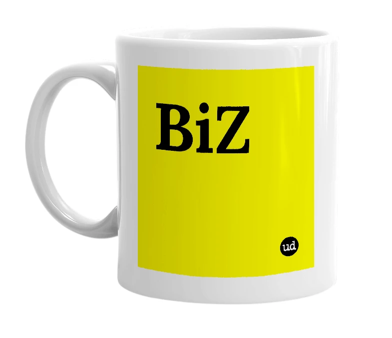 White mug with 'BiZ' in bold black letters