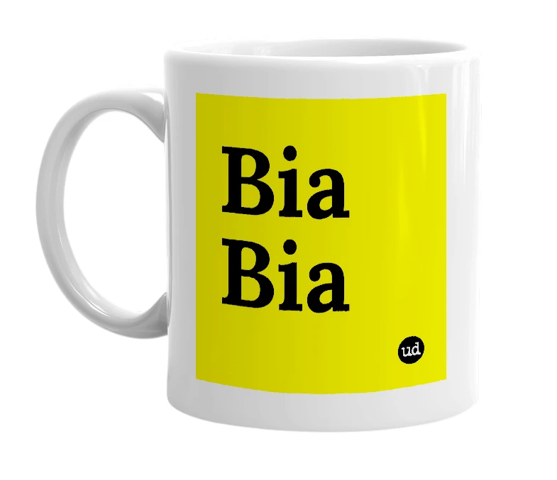 White mug with 'Bia Bia' in bold black letters