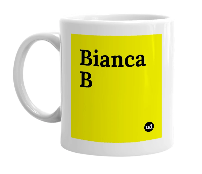 White mug with 'Bianca B' in bold black letters