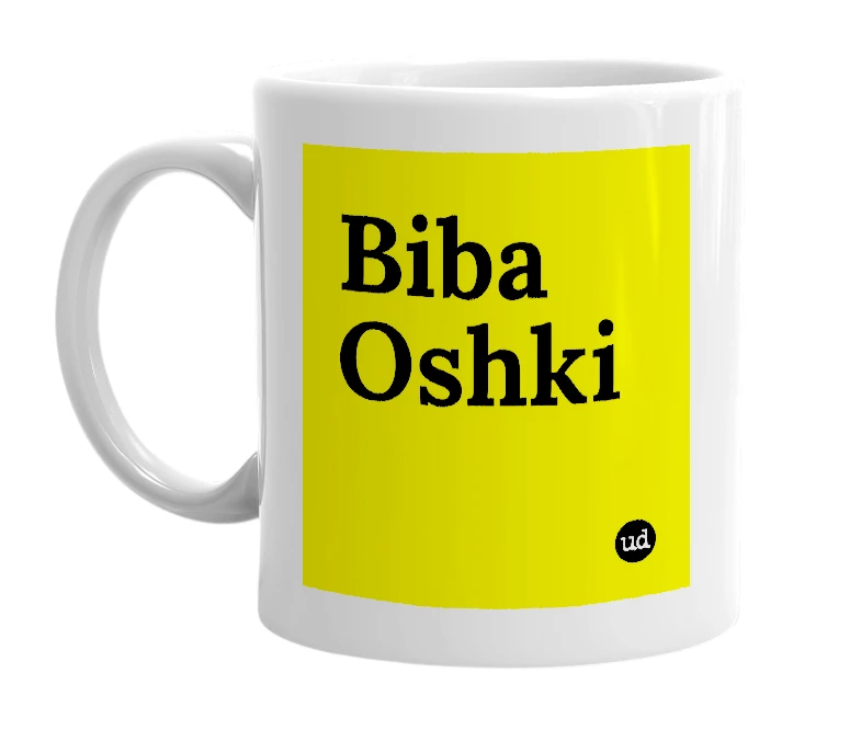 White mug with 'Biba Oshki' in bold black letters