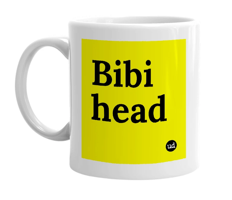 White mug with 'Bibi head' in bold black letters