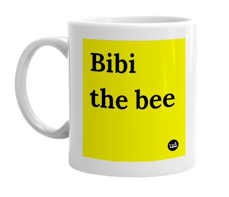 White mug with 'Bibi the bee' in bold black letters