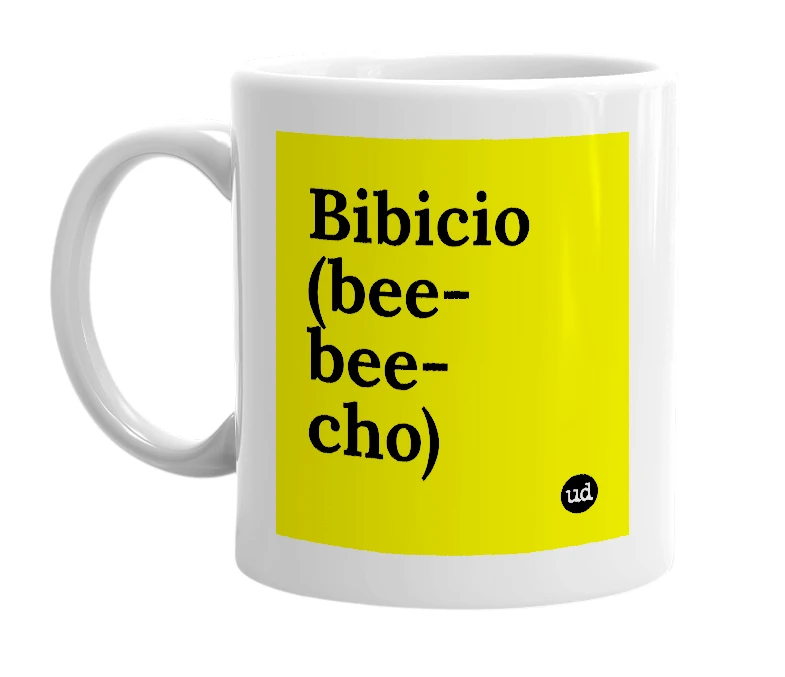 White mug with 'Bibicio (bee-bee-cho)' in bold black letters