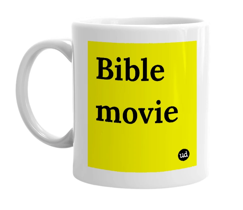 White mug with 'Bible movie' in bold black letters