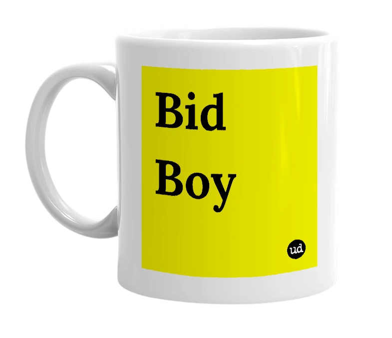 White mug with 'Bid Boy' in bold black letters