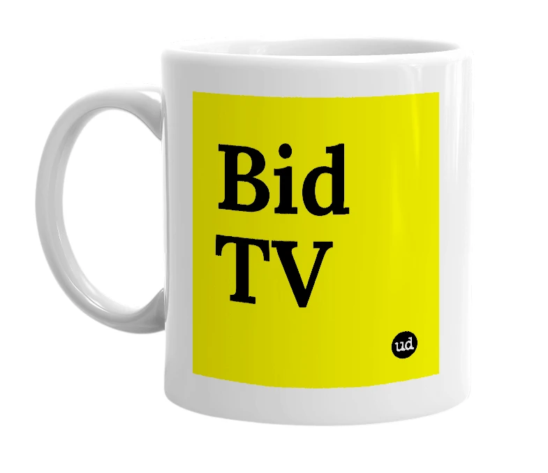 White mug with 'Bid TV' in bold black letters