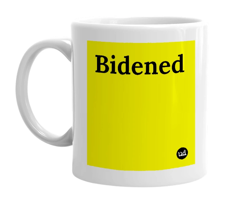 White mug with 'Bidened' in bold black letters