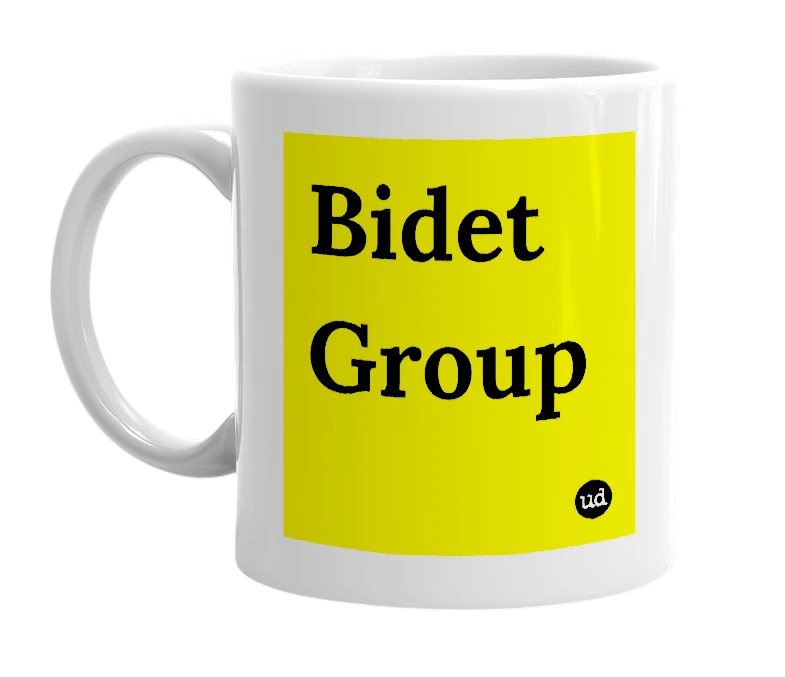 White mug with 'Bidet Group' in bold black letters
