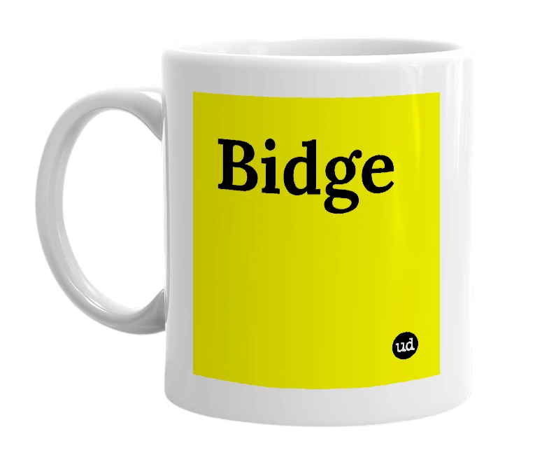 White mug with 'Bidge' in bold black letters