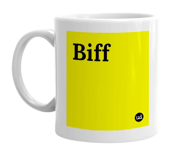 White mug with 'Biff' in bold black letters