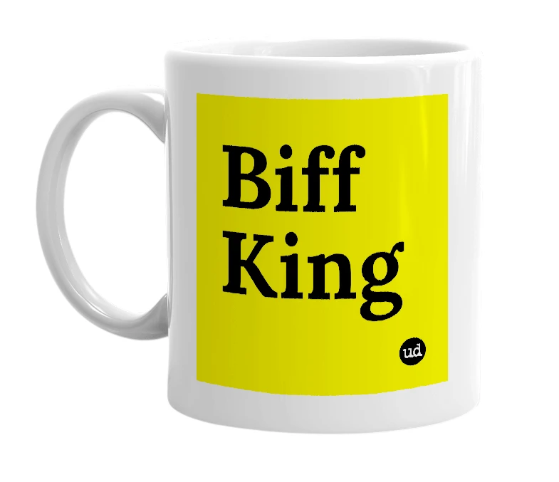 White mug with 'Biff King' in bold black letters